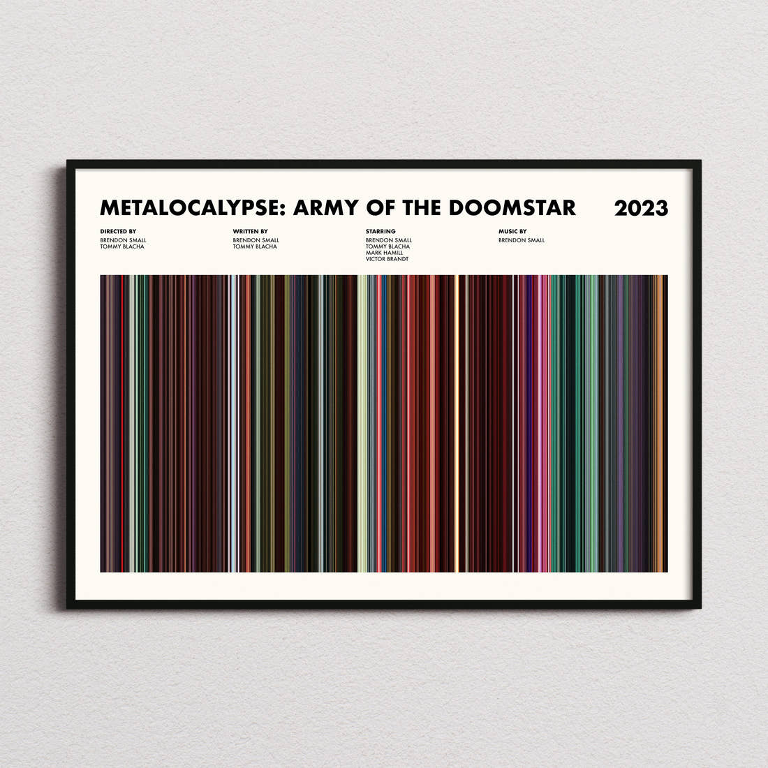 Metalocalypse Army of the Doomstar Movie Barcode Poster framed and photographed straight on