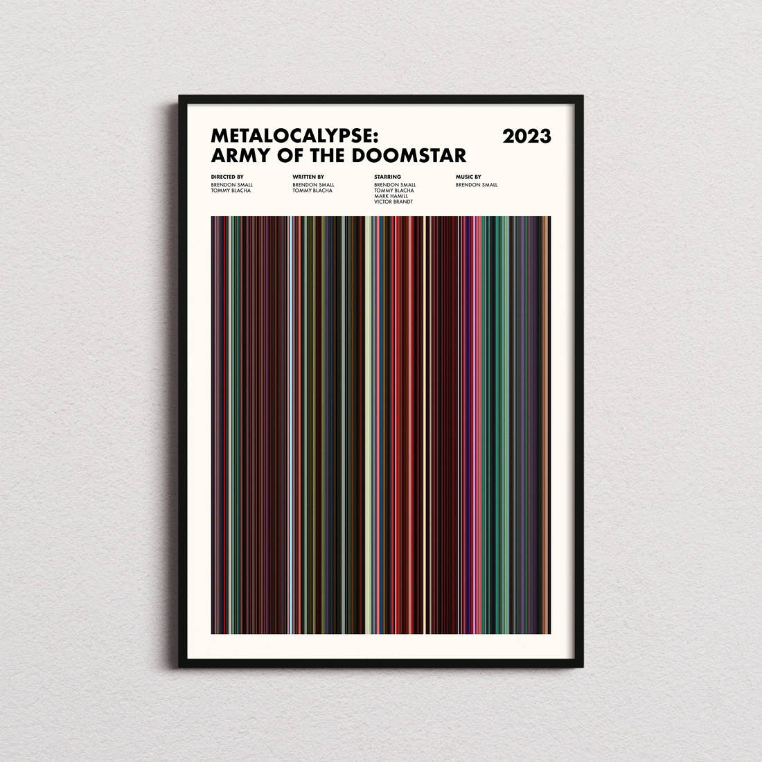 Metalocalypse Army of the Doomstar Movie Barcode Poster framed on a plain studio wall