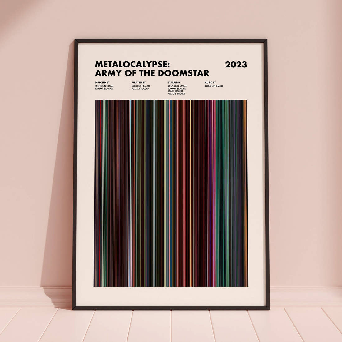 Metalocalypse Army of the Doomstar Movie Barcode Poster framed and leaning against a coloured wall
