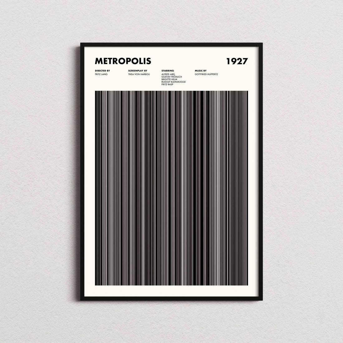 Metropolis Movie Barcode Poster framed on a plain studio wall
