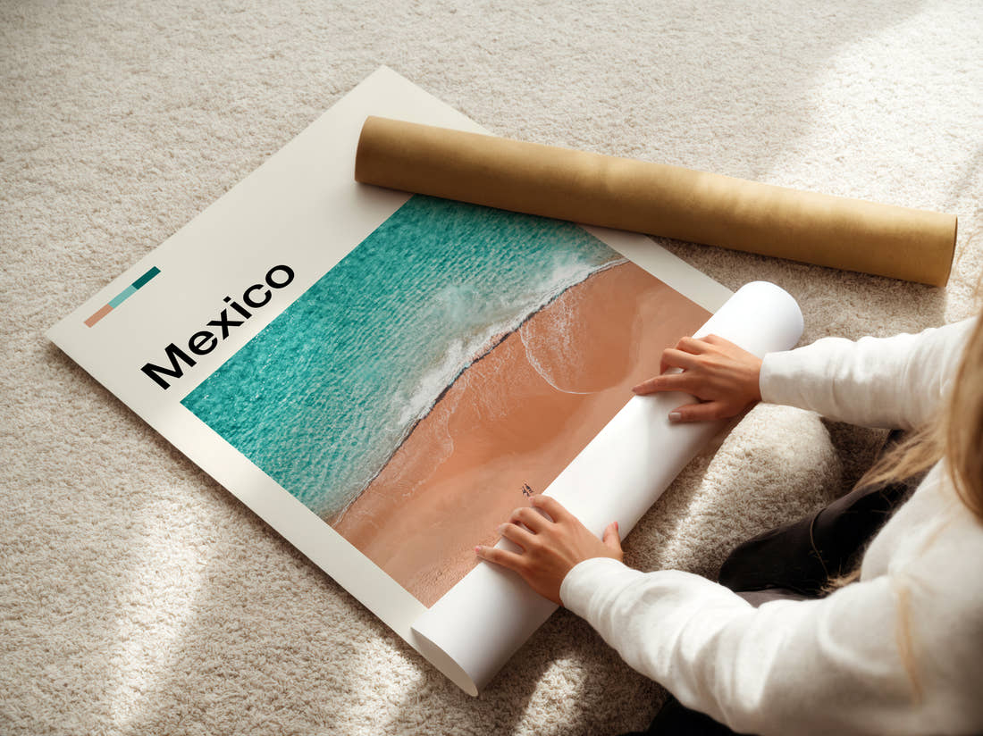 Mexico Waves On The Sand Travel Print being unrolled from its postal tube