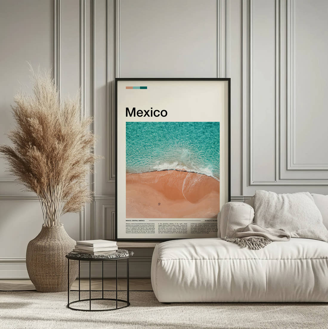 Mexico Waves On The Sand Travel Print framed on the wall of a calm, neutral bedroom
