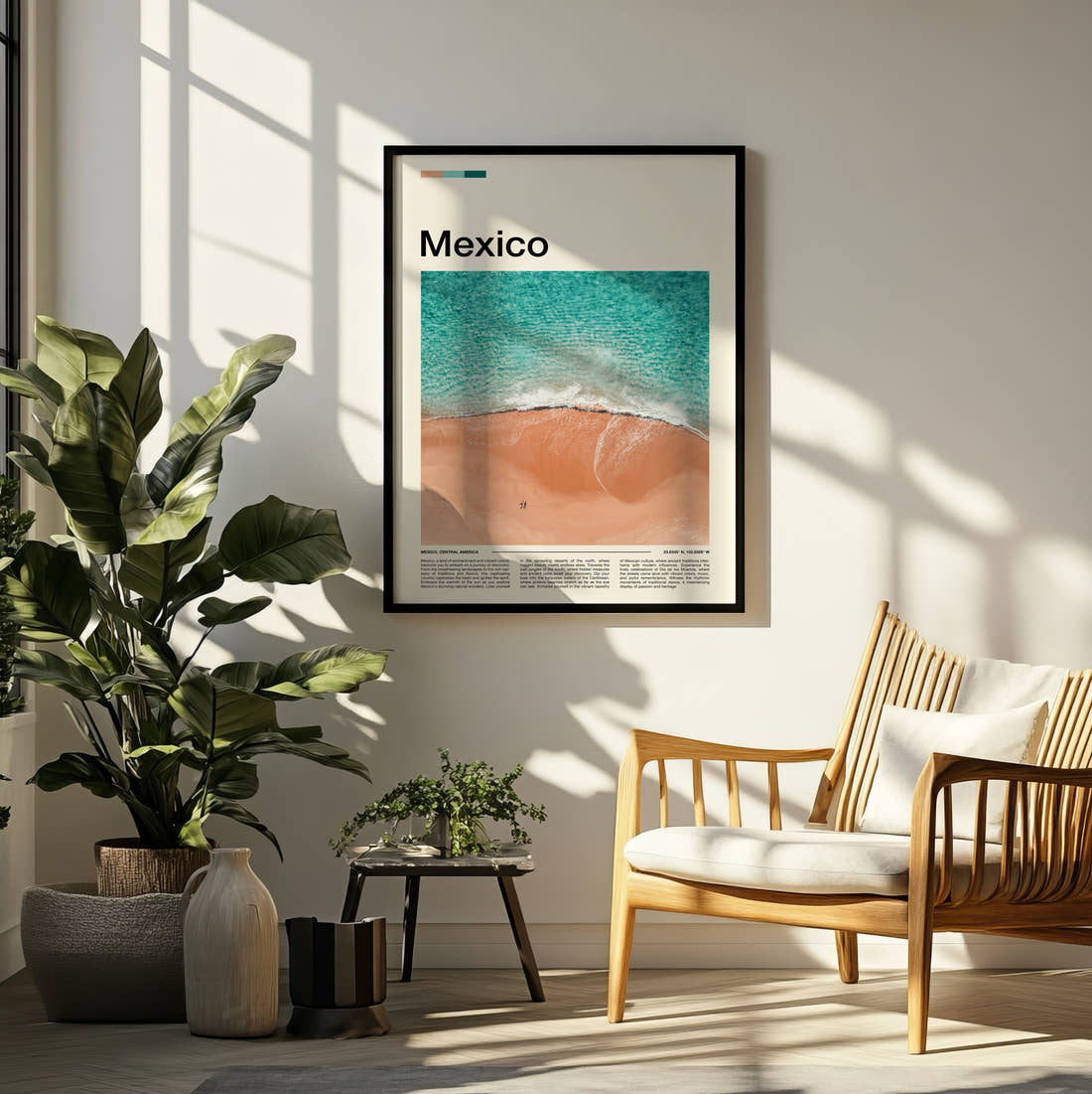 Mexico Waves On The Sand Travel Print framed on a pale wall beside houseplants
