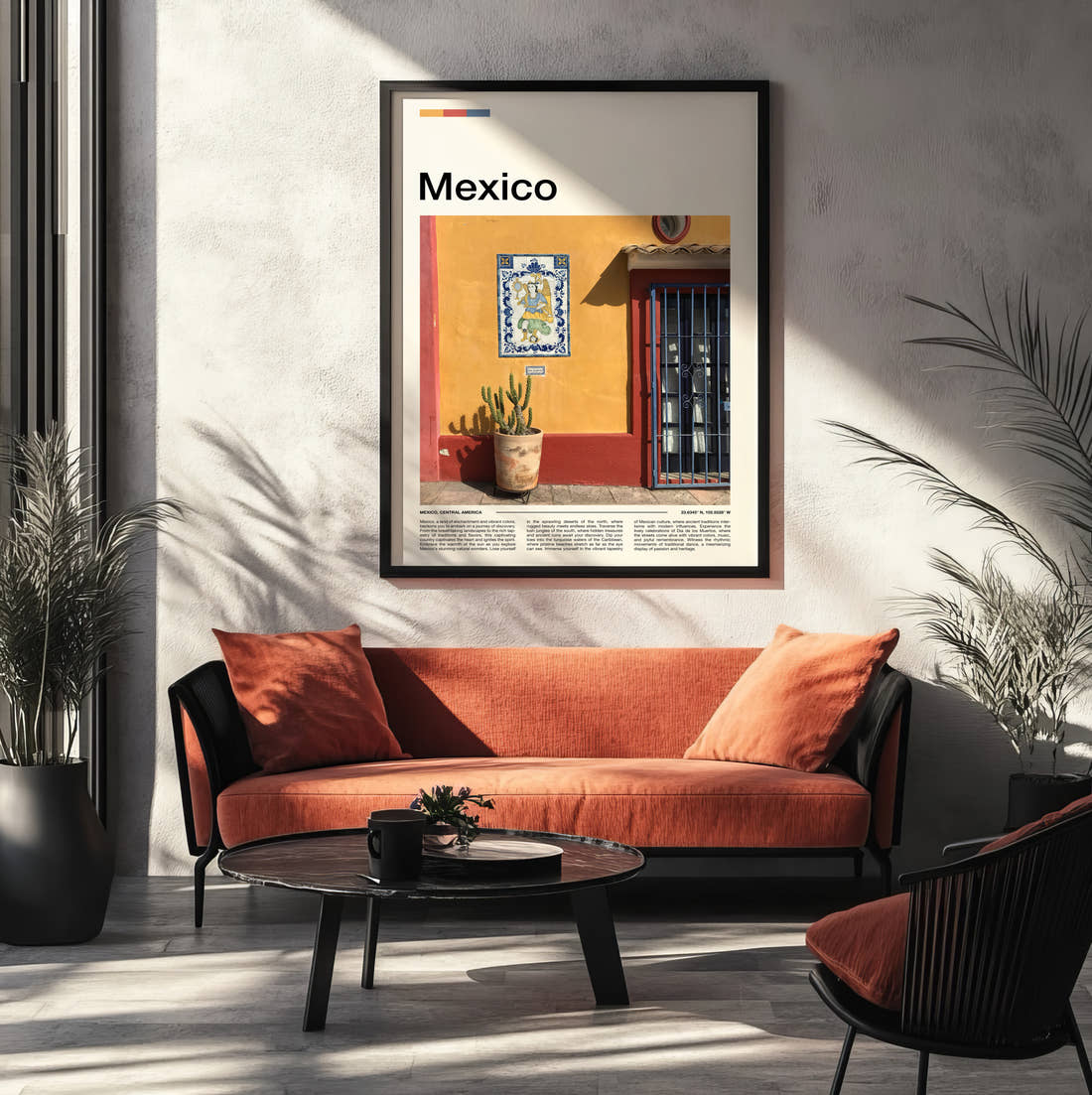 Mexico Cactus By Yellow Wall Travel Print framed on the wall of a modern living room
