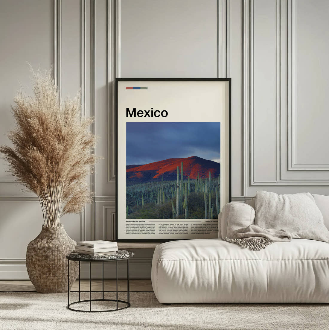 Mexico Cacti Below The Mountain Travel Print framed on the wall of a calm, neutral bedroom