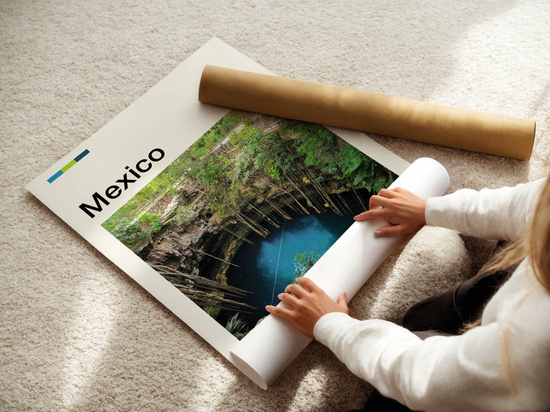 Mexico Cenote Travel Print being unrolled from its postal tube