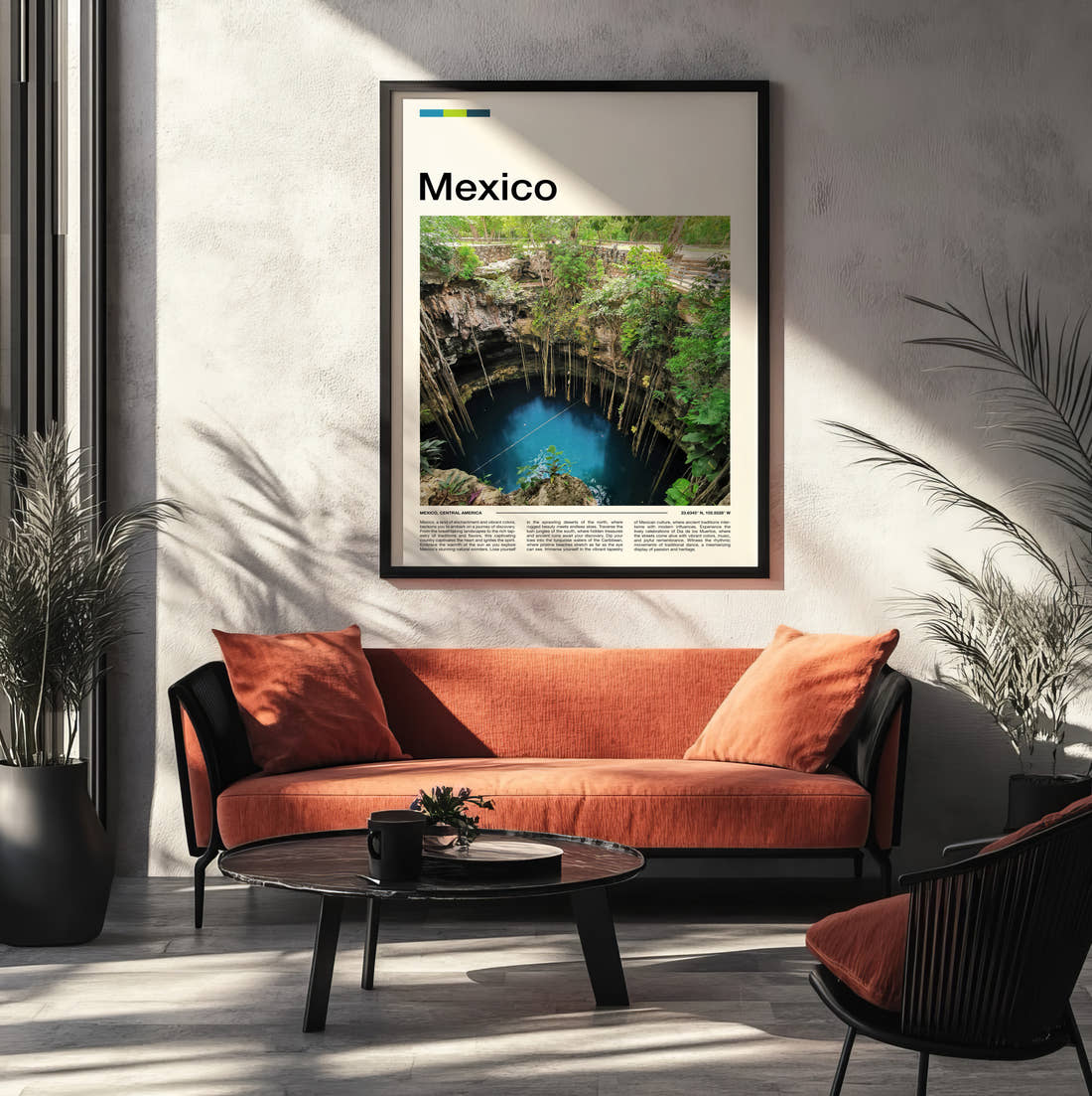 Mexico Cenote Travel Print framed on the wall of a modern living room