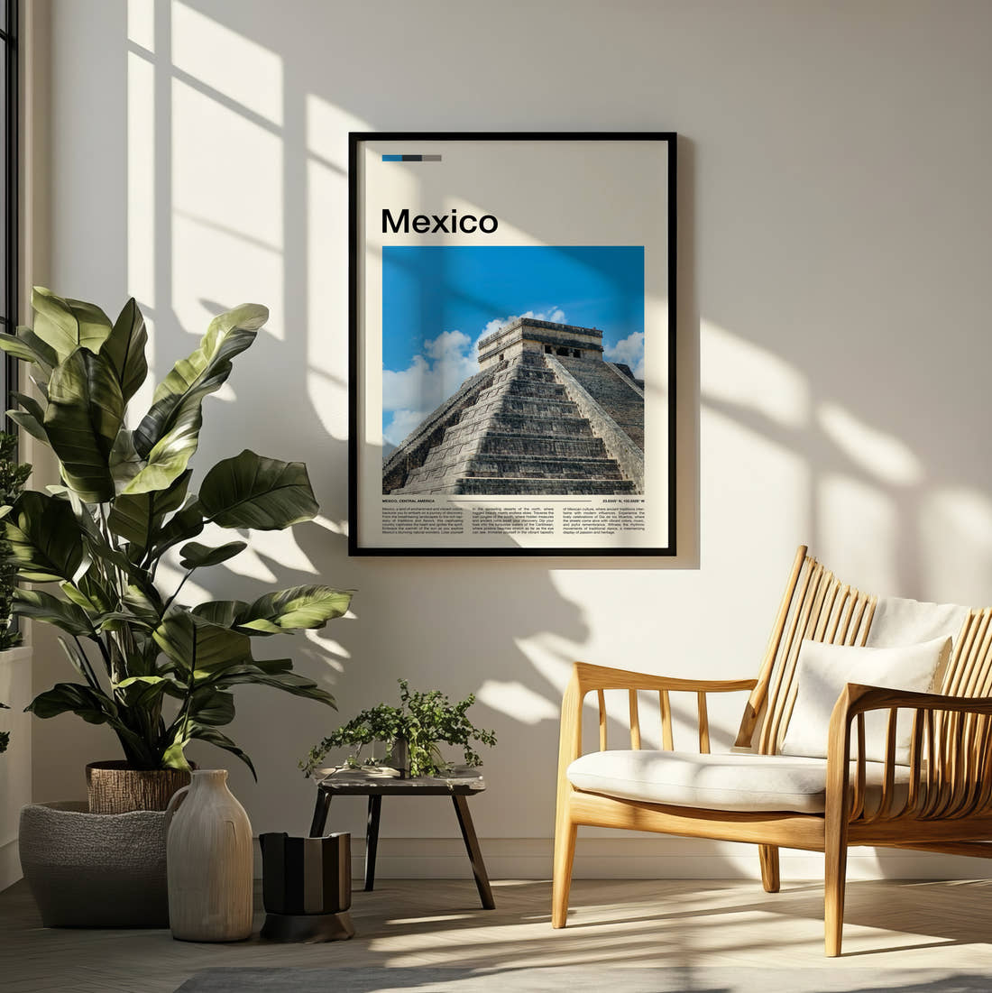 Mexico Chichen Itza Pyramid Close Up Travel Print framed on a pale wall beside houseplants
