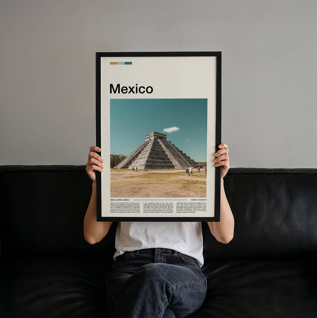 Mexico Chichen Itza Pyramid Across The Plaza Travel Print held up by hand to show the size of the print