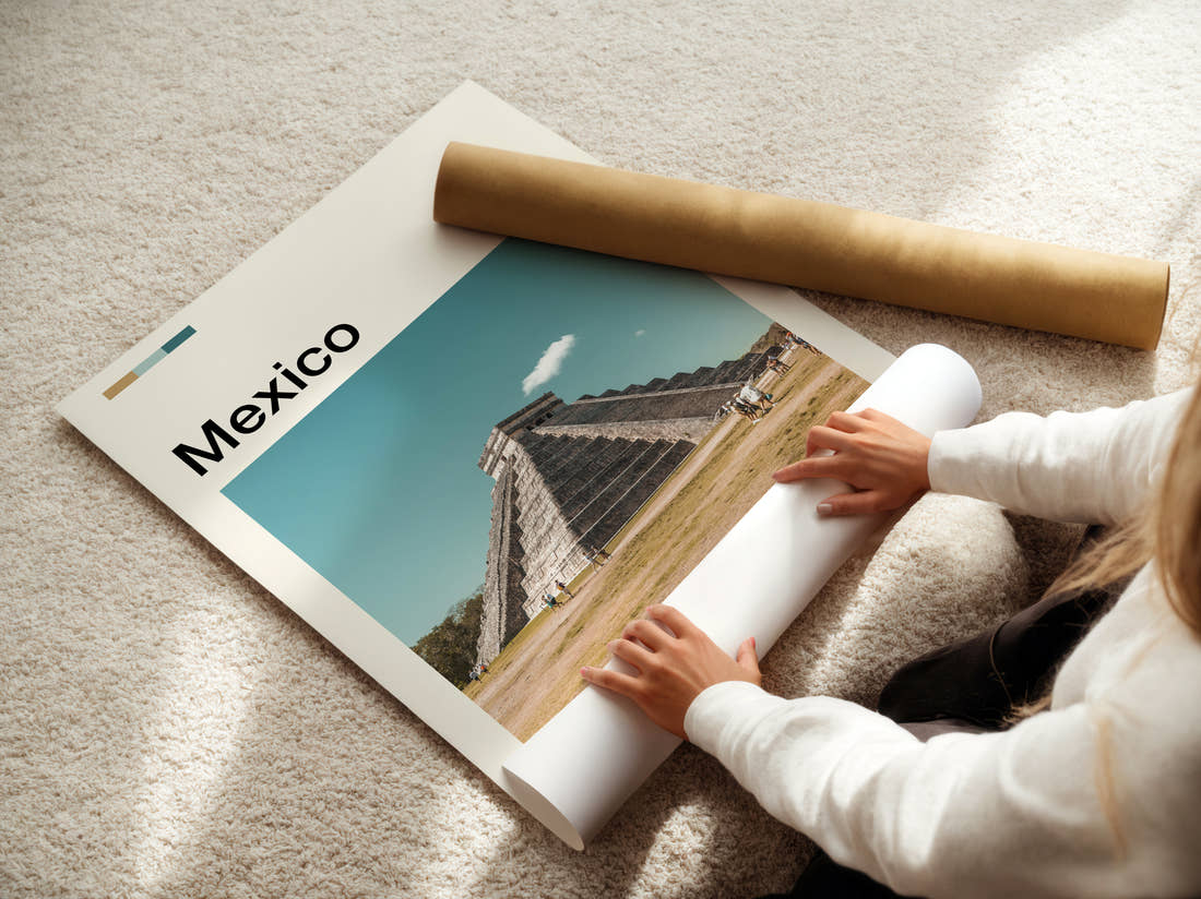 Mexico Chichen Itza Pyramid Across The Plaza Travel Print being unrolled from its postal tube