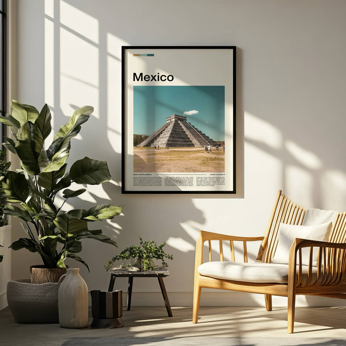 Mexico Chichen Itza Pyramid Across The Plaza Travel Print framed on a pale wall beside houseplants