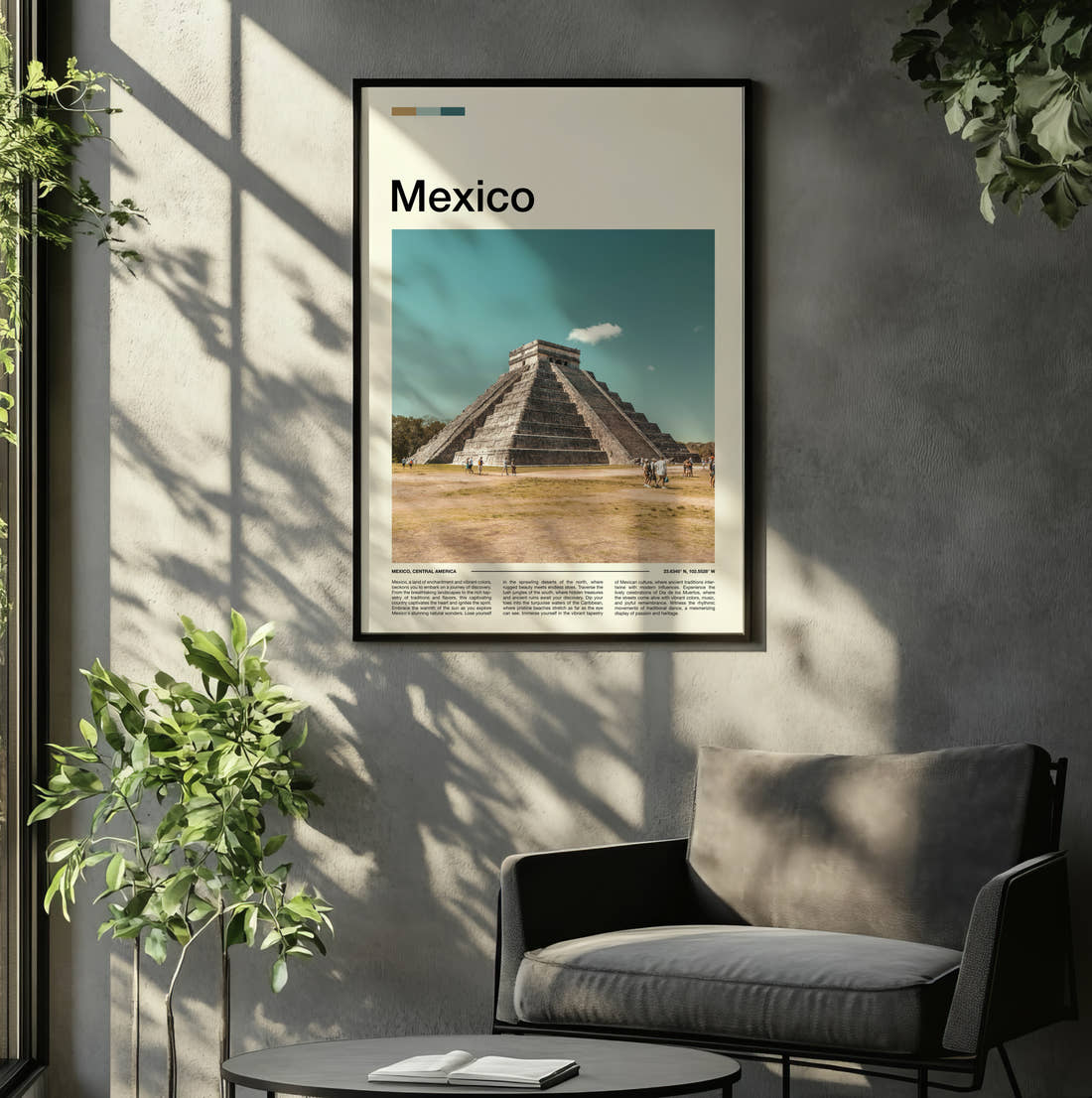 Mexico Chichen Itza Pyramid Across The Plaza Travel Print framed on the wall of a relaxed living room