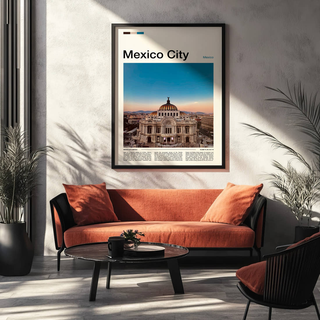 Mexico City Palacio De Bellas Artes Travel Print framed on the wall of a modern living room