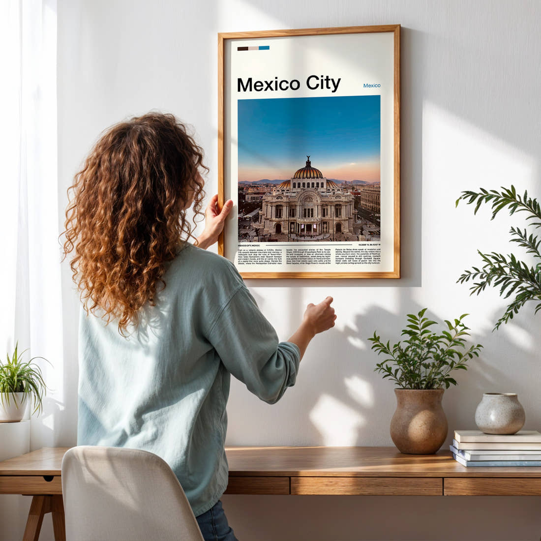Mexico City Palacio De Bellas Artes Travel Print framed on a pale wall beside houseplants