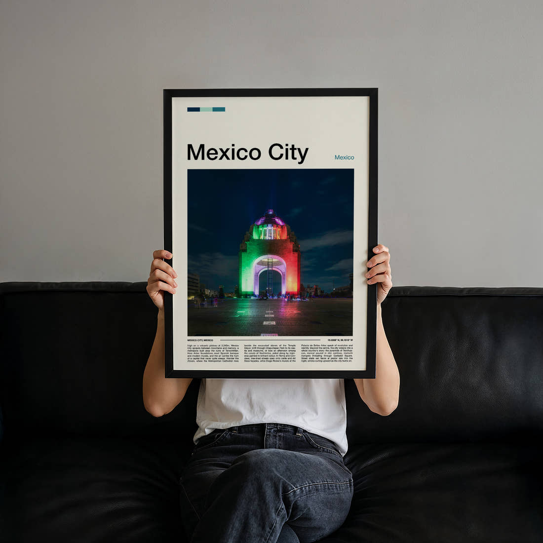 Mexico City Illuminated Monument Arch Travel Print held up by hand to show the size of the print