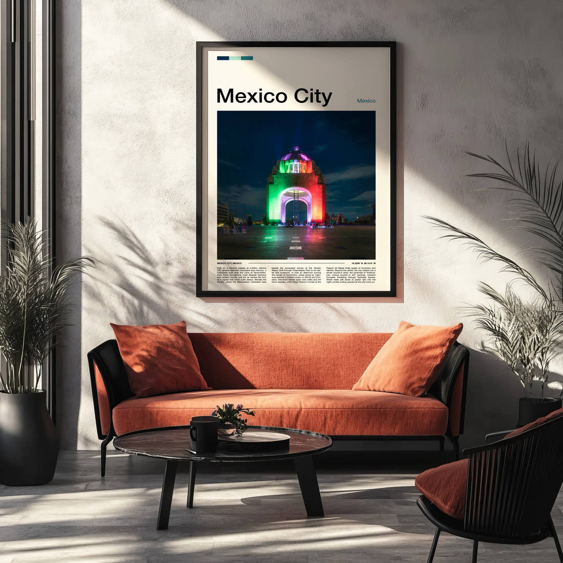 Mexico City Illuminated Monument Arch Travel Print framed on the wall of a modern living room