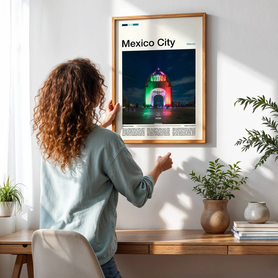 Mexico City Illuminated Monument Arch Travel Print framed on a pale wall beside houseplants