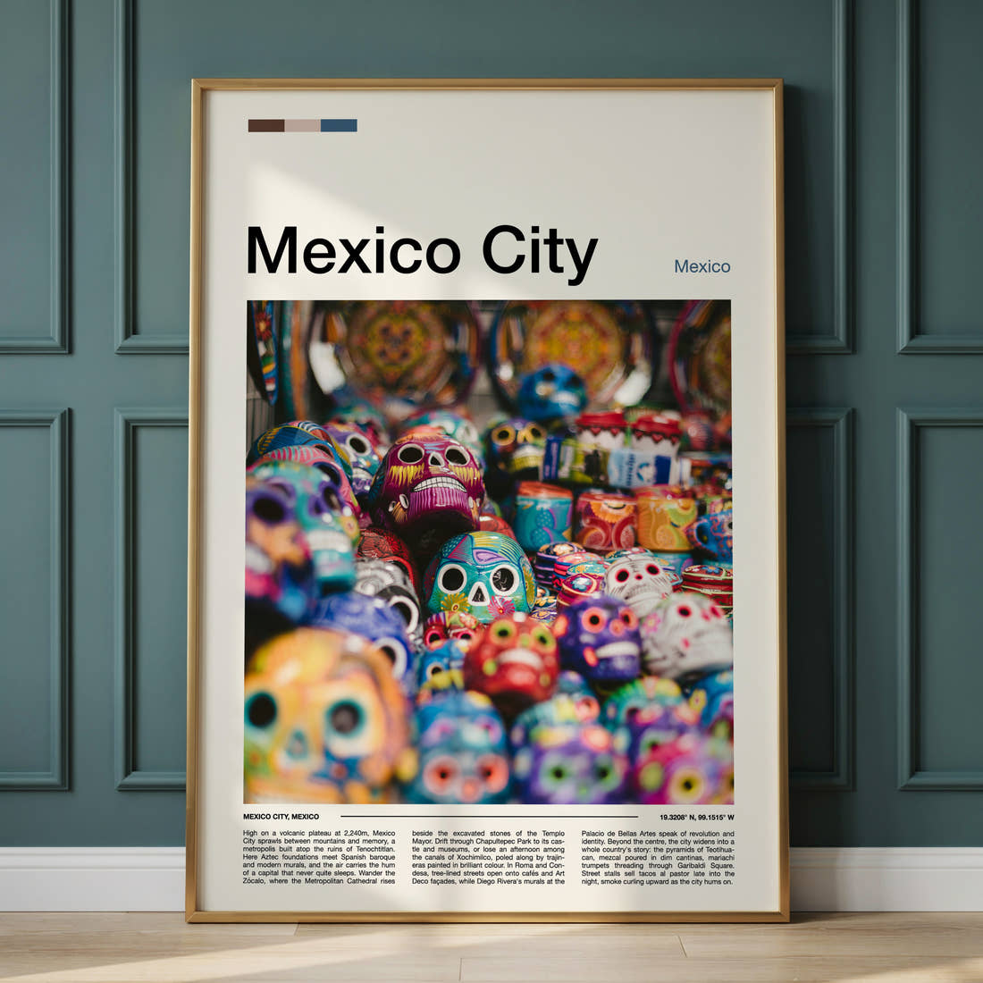 Mexico City Painted Calavera Skulls Travel Print framed on the wall of a calm, neutral bedroom