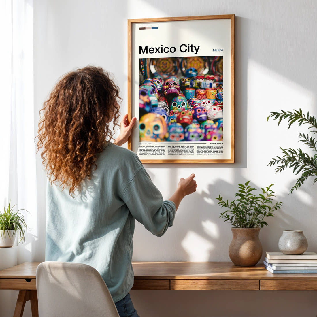 Mexico City Painted Calavera Skulls Travel Print framed on a pale wall beside houseplants