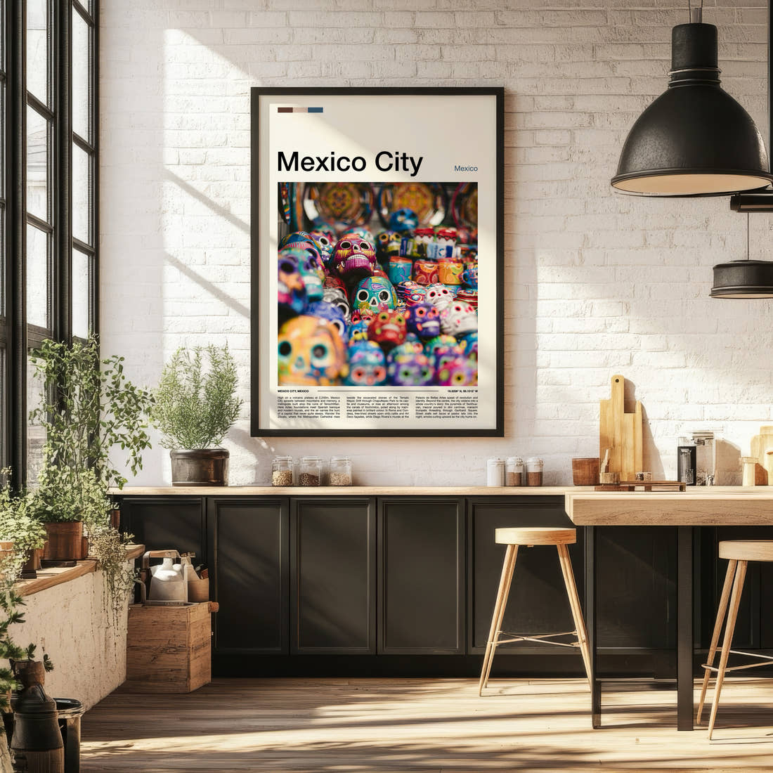 Mexico City Painted Calavera Skulls Travel Print framed on the wall of a bright kitchen and dining space