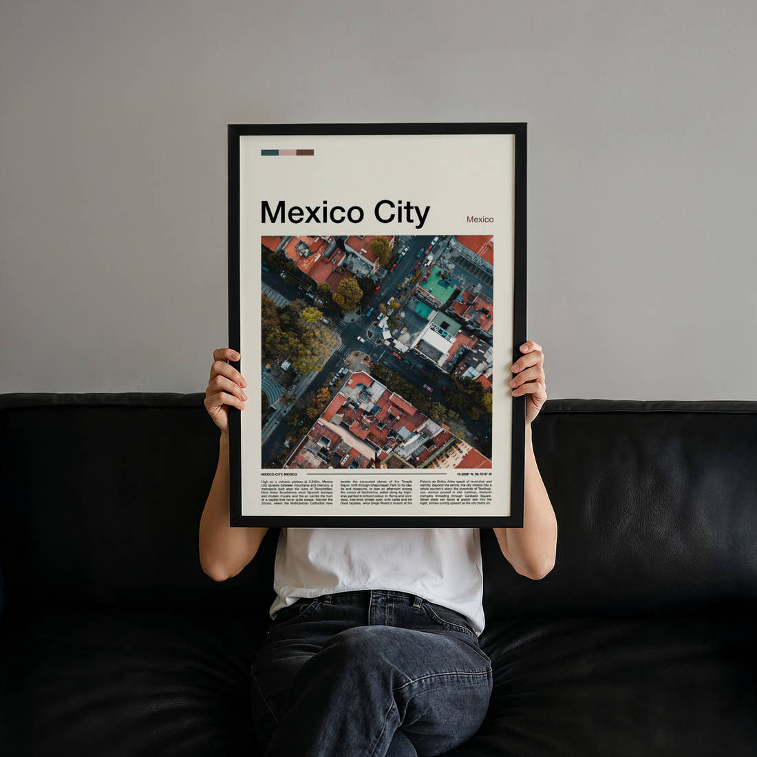 Mexico City Aerial Street Grid Travel Print held up by hand to show the size of the print