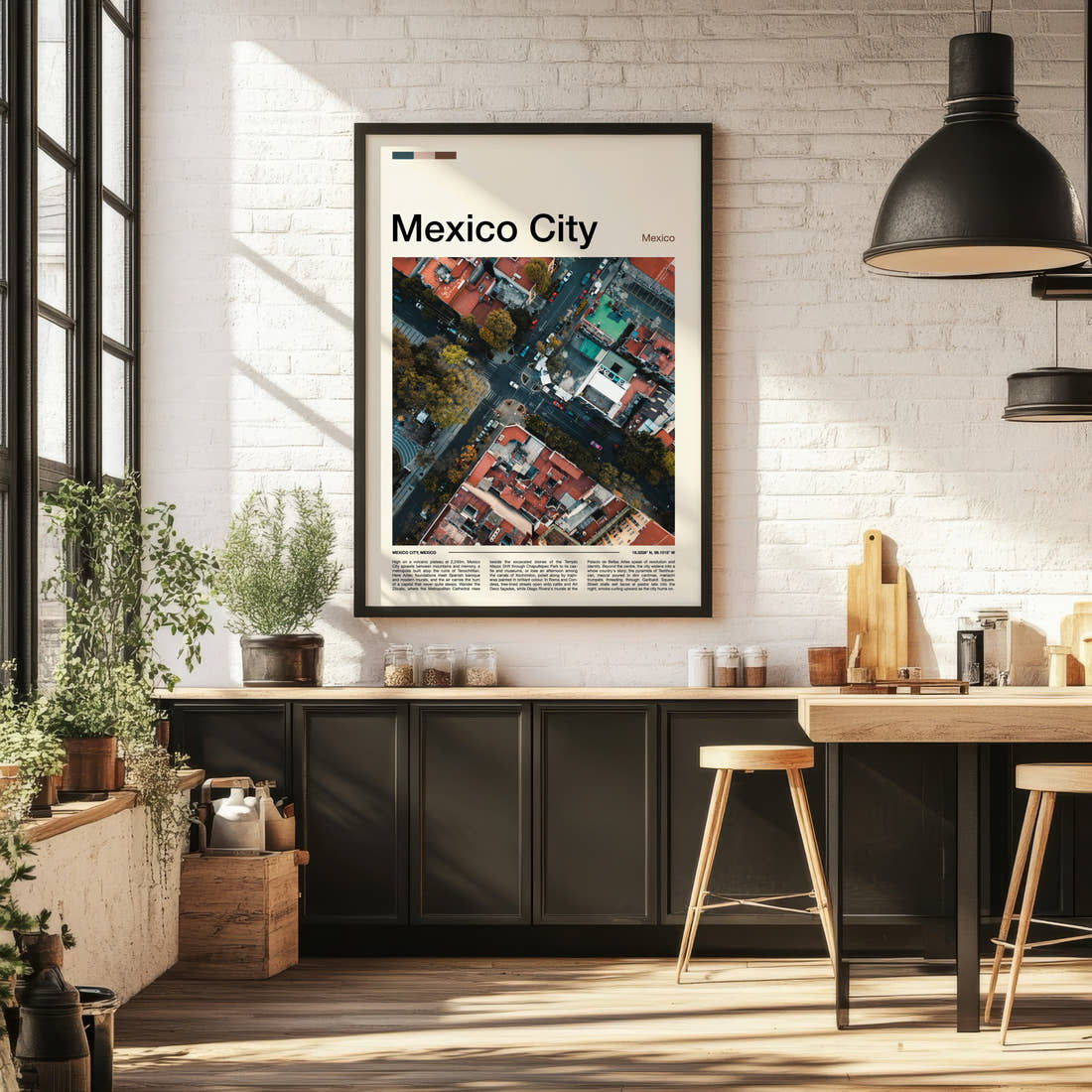 Mexico City Aerial Street Grid Travel Print framed on the wall of a bright kitchen and dining space