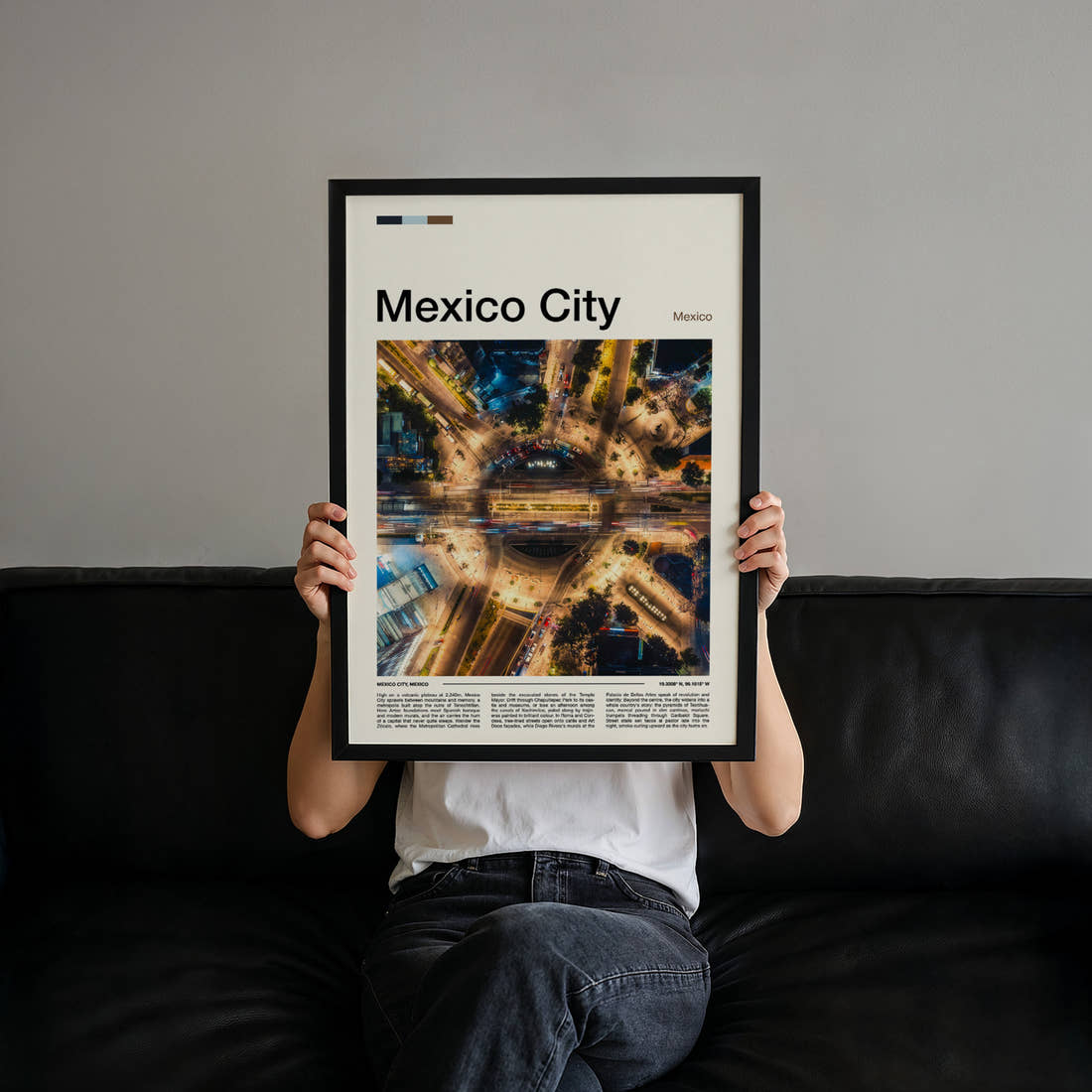 Mexico City Aerial Traffic Roundabout Travel Print held up by hand to show the size of the print