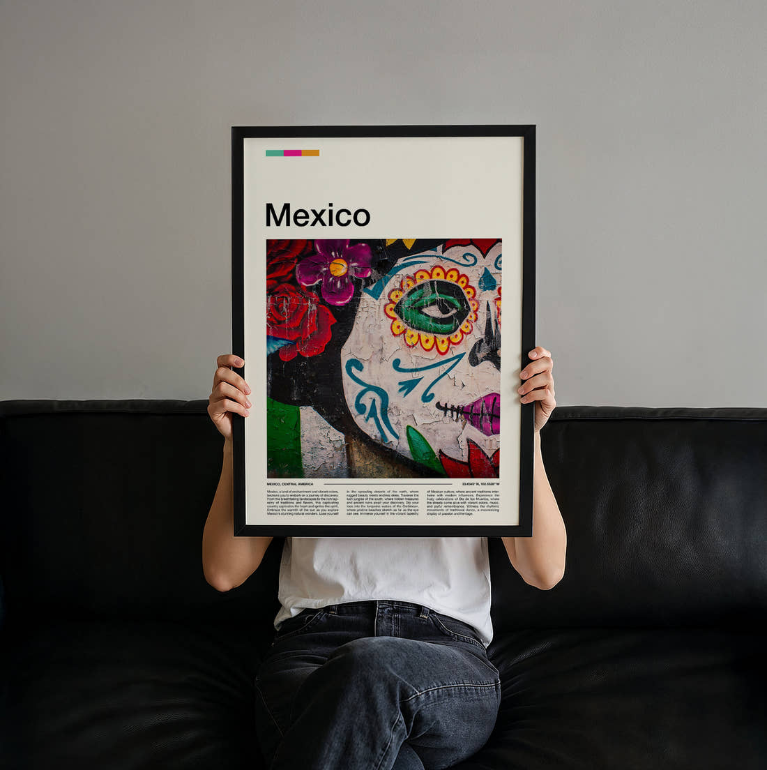Mexico Sugar Skull Mural Travel Print held up by hand to show the size of the print