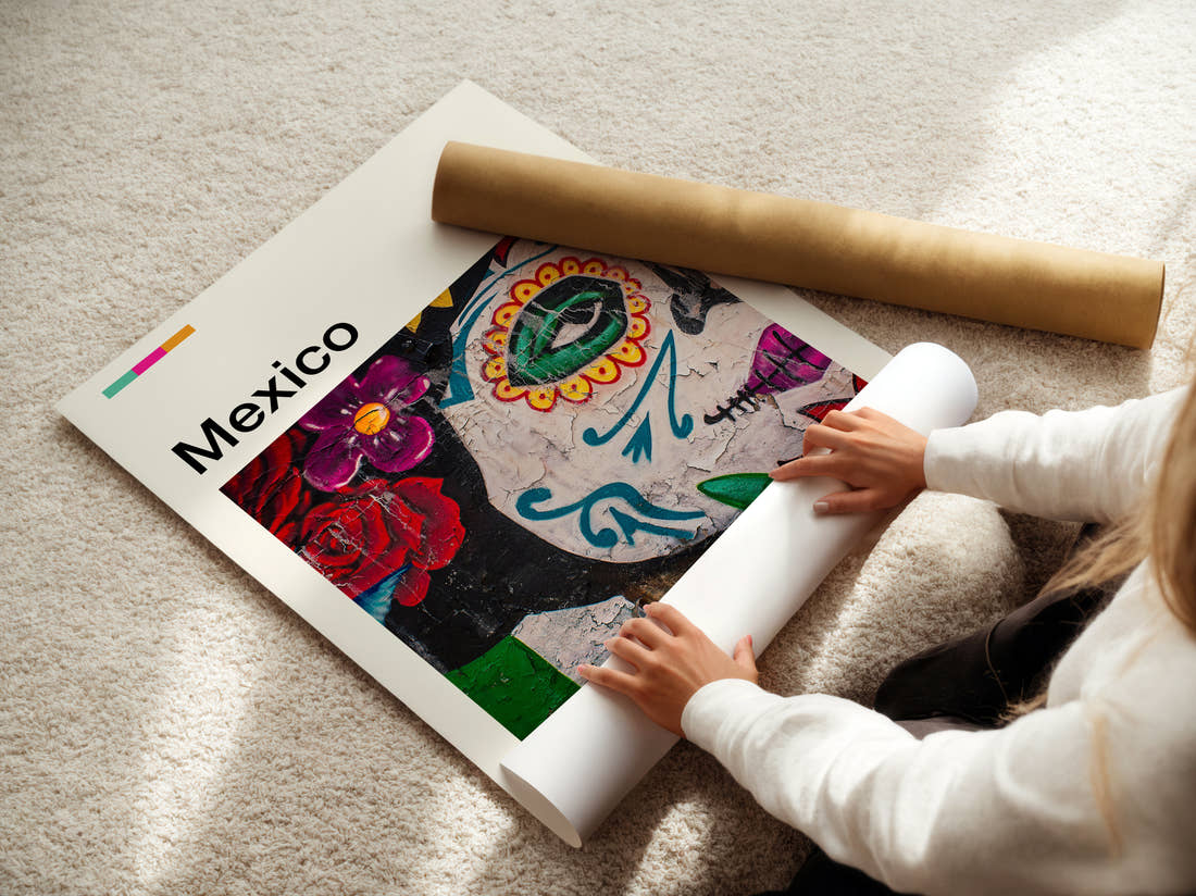 Mexico Sugar Skull Mural Travel Print being unrolled from its postal tube