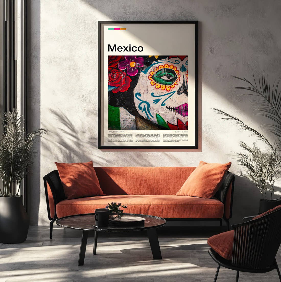 Mexico Sugar Skull Mural Travel Print framed on the wall of a modern living room