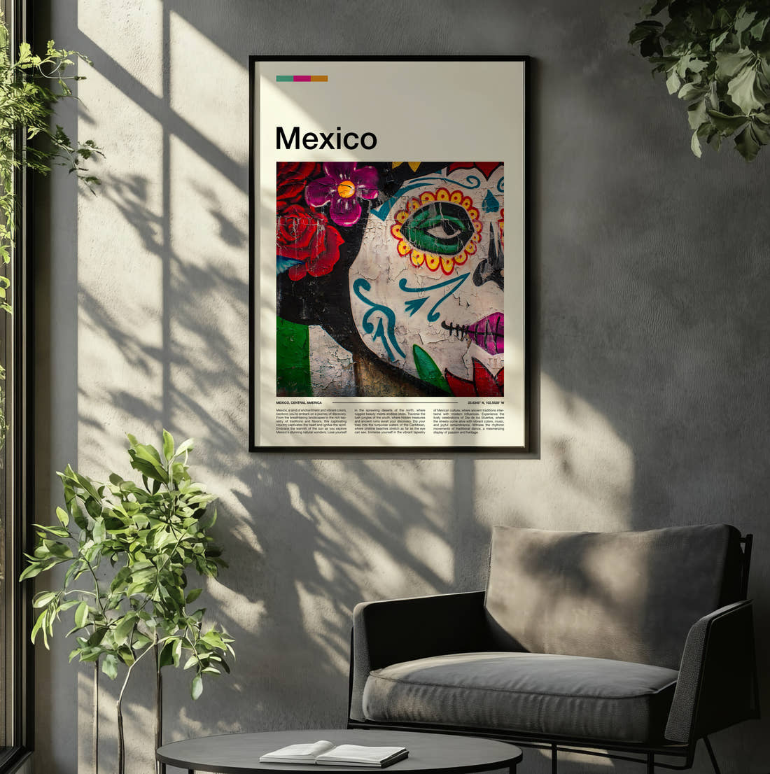 Mexico Sugar Skull Mural Travel Print framed on the wall of a relaxed living room
