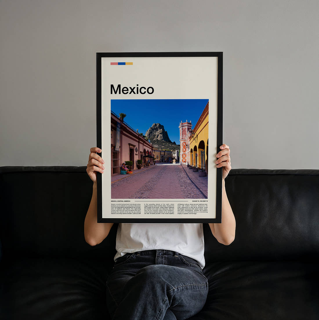 Mexico Pink Cobbled Street Travel Print held up by hand to show the size of the print