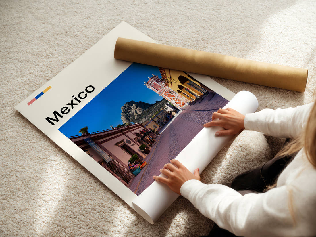 Mexico Pink Cobbled Street Travel Print being unrolled from its postal tube