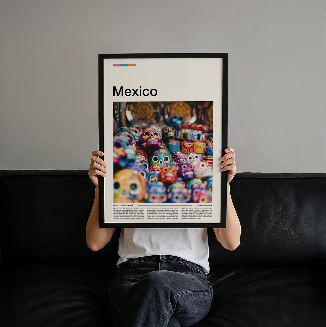 Mexico Colourful Sugar Skulls Close Up Travel Print held up by hand to show the size of the print