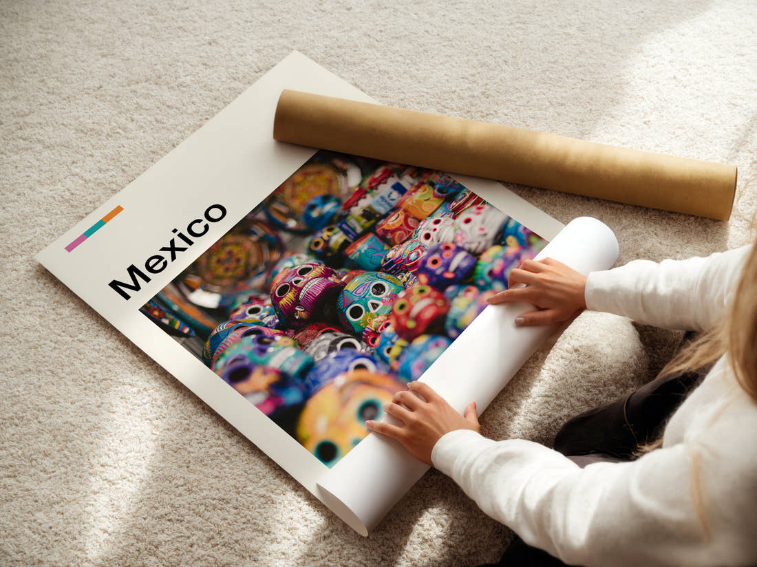Mexico Colourful Sugar Skulls Close Up Travel Print being unrolled from its postal tube