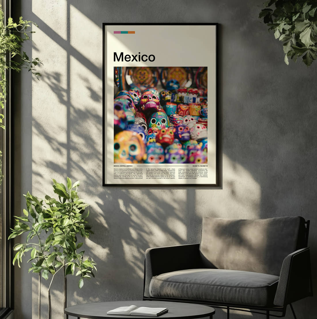 Mexico Colourful Sugar Skulls Close Up Travel Print framed on the wall of a relaxed living room