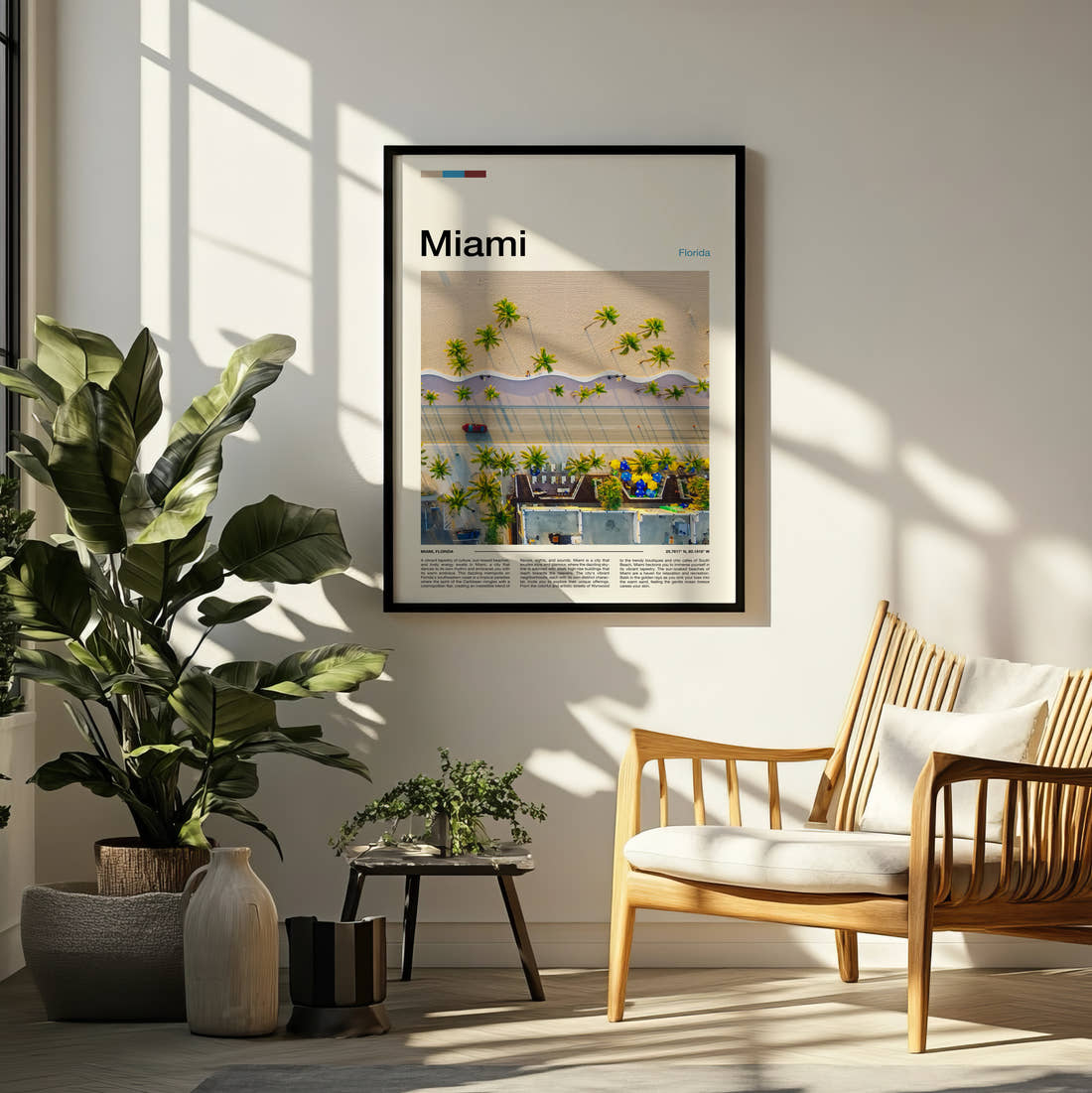 Miami Aerial Palm Trees Travel Print framed on a pale wall beside houseplants