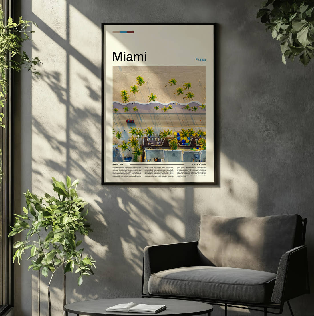 Miami Aerial Palm Trees Travel Print framed on the wall of a relaxed living room