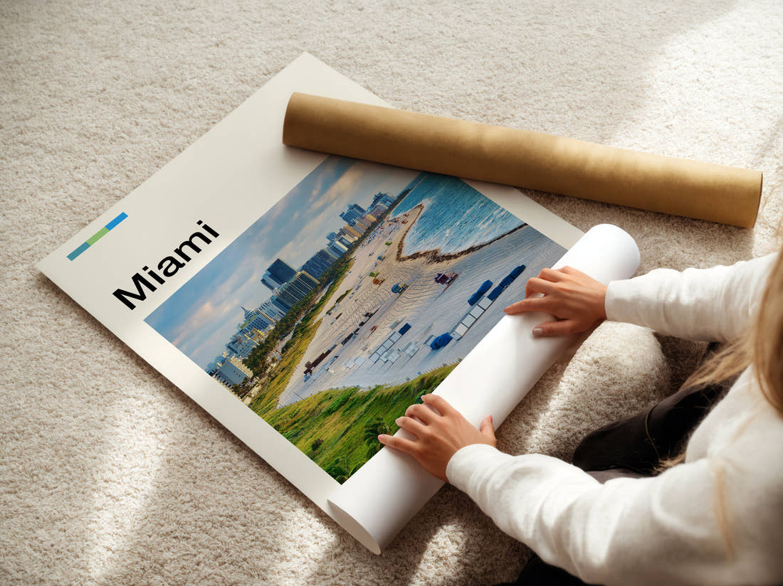 Miami Beach And Skyline Travel Print being unrolled from its postal tube