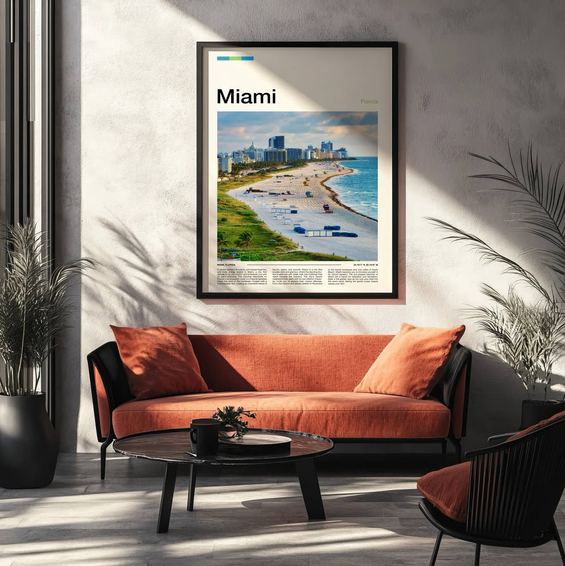 Miami Beach And Skyline Travel Print framed on the wall of a modern living room