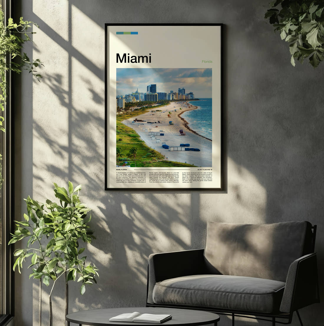 Miami Beach And Skyline Travel Print framed on the wall of a relaxed living room