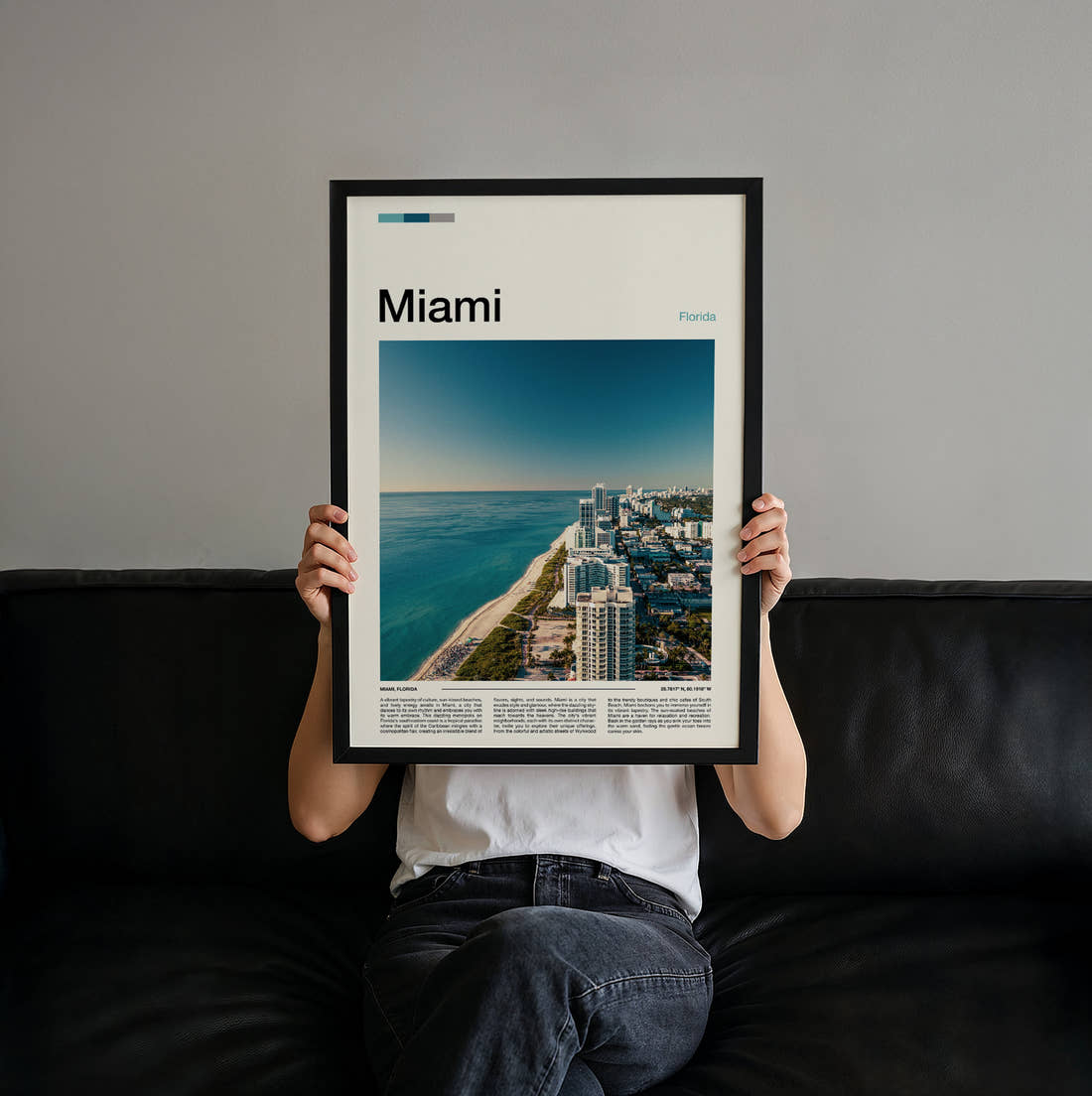 Miami Aerial Coastline Travel Print held up by hand to show the size of the print