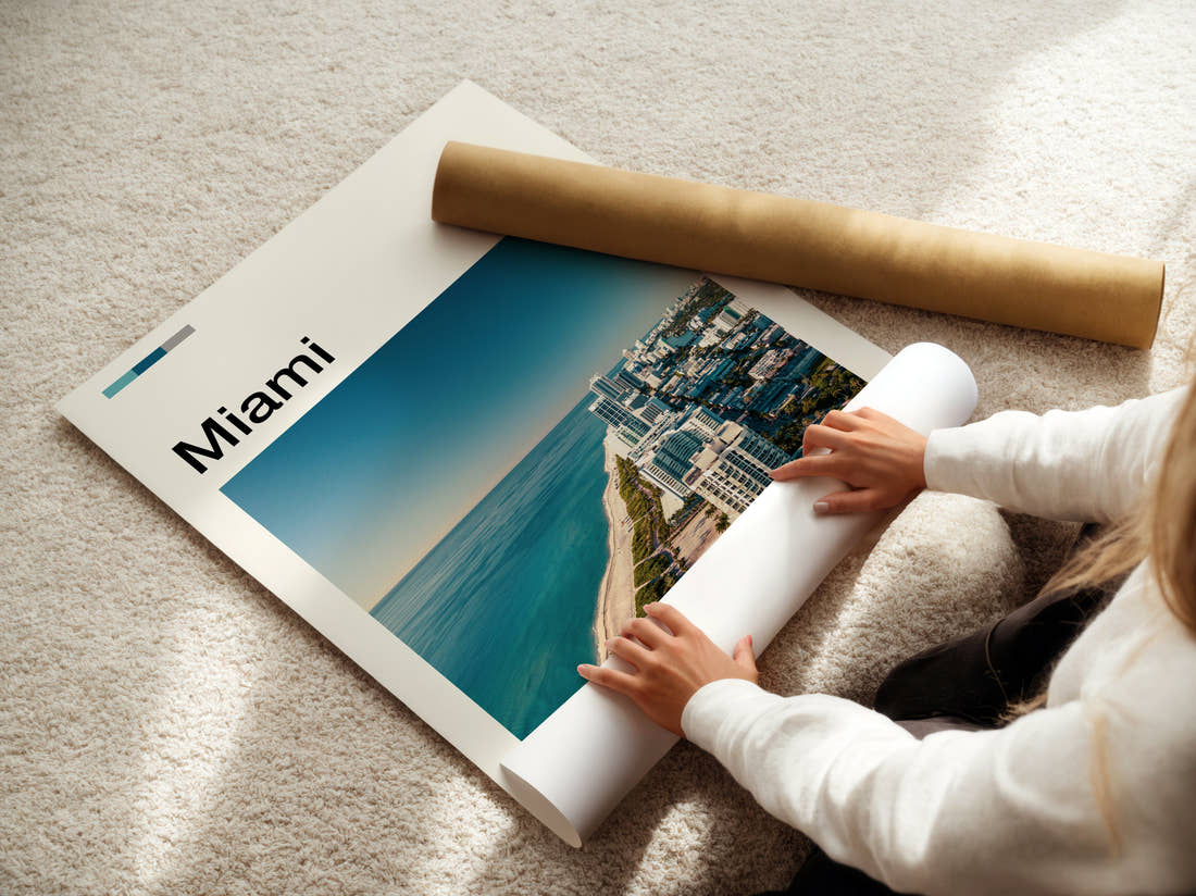 Miami Aerial Coastline Travel Print being unrolled from its postal tube