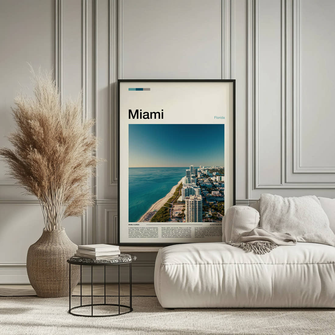 Miami Aerial Coastline Travel Print framed on the wall of a calm, neutral bedroom