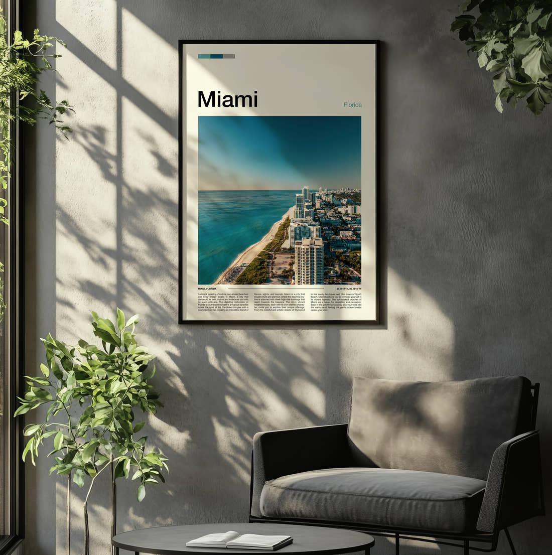 Miami Aerial Coastline Travel Print framed on the wall of a relaxed living room