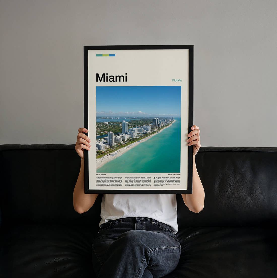 Miami Aerial Beachfront View Travel Print held up by hand to show the size of the print