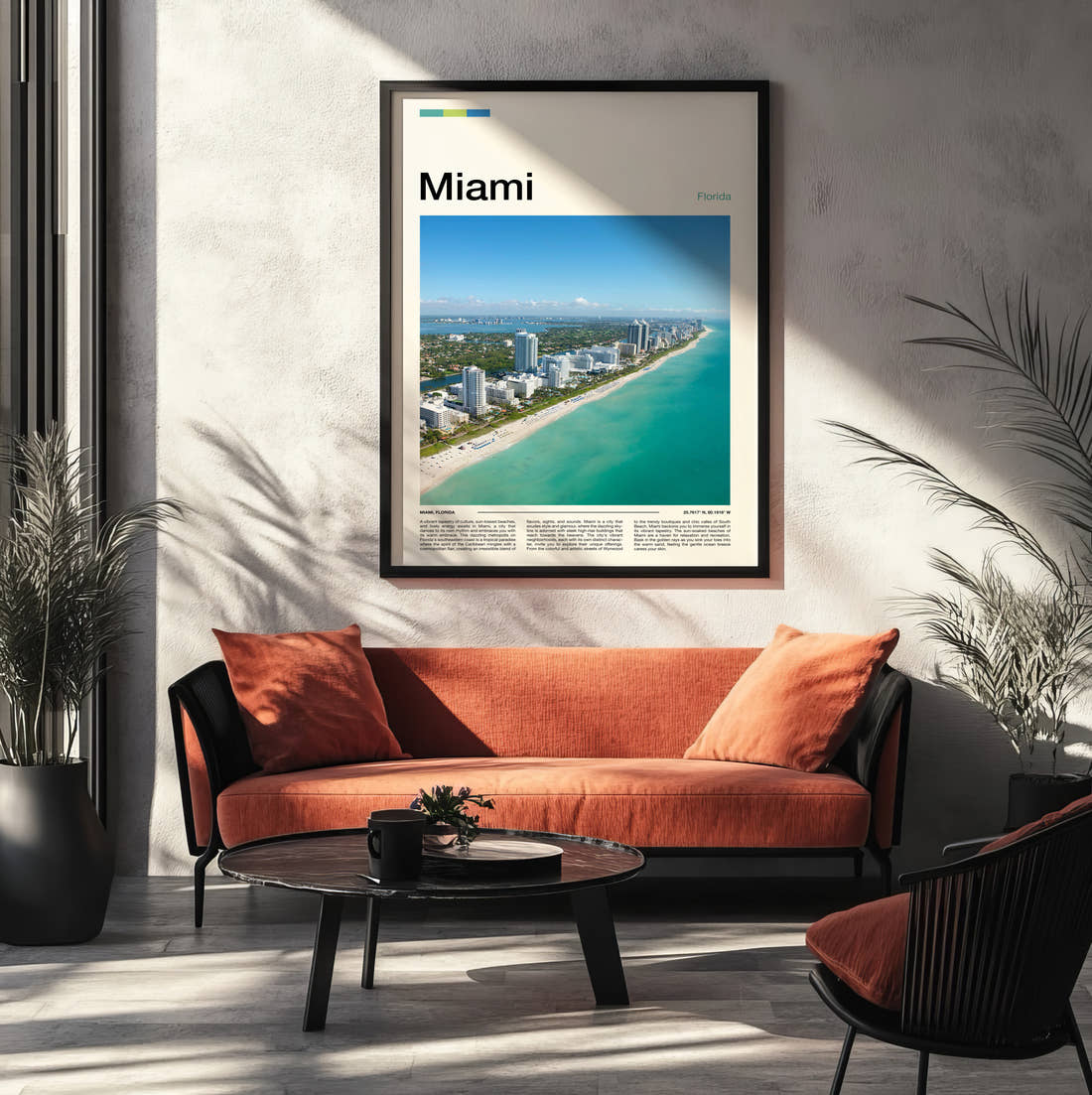 Miami Aerial Beachfront View Travel Print framed on the wall of a modern living room