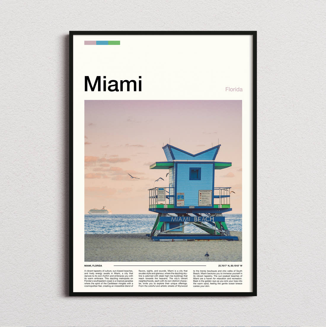Miami Lifeguard Tower Travel Print framed and photographed straight on