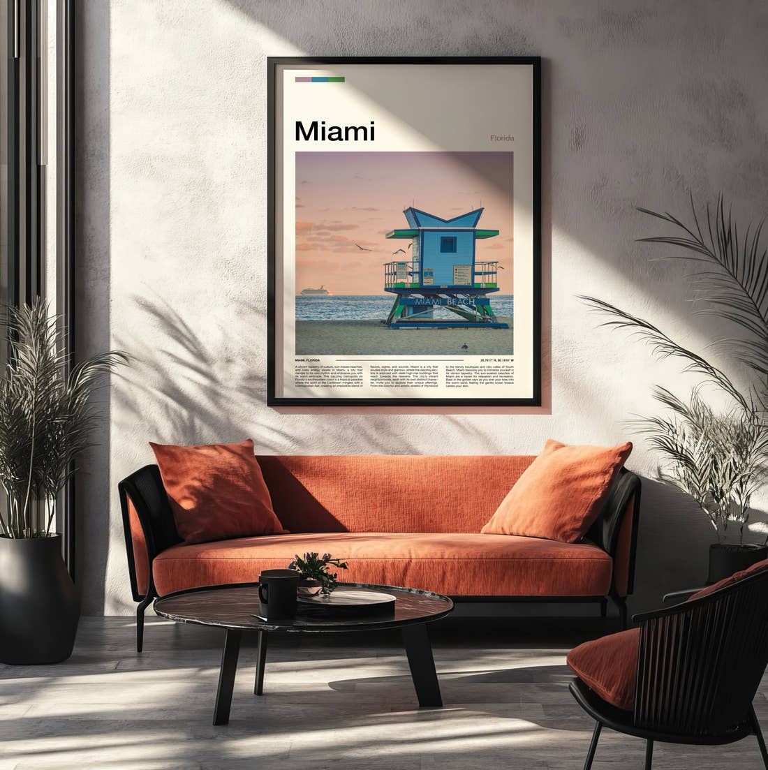 Miami Lifeguard Tower Travel Print framed on the wall of a modern living room