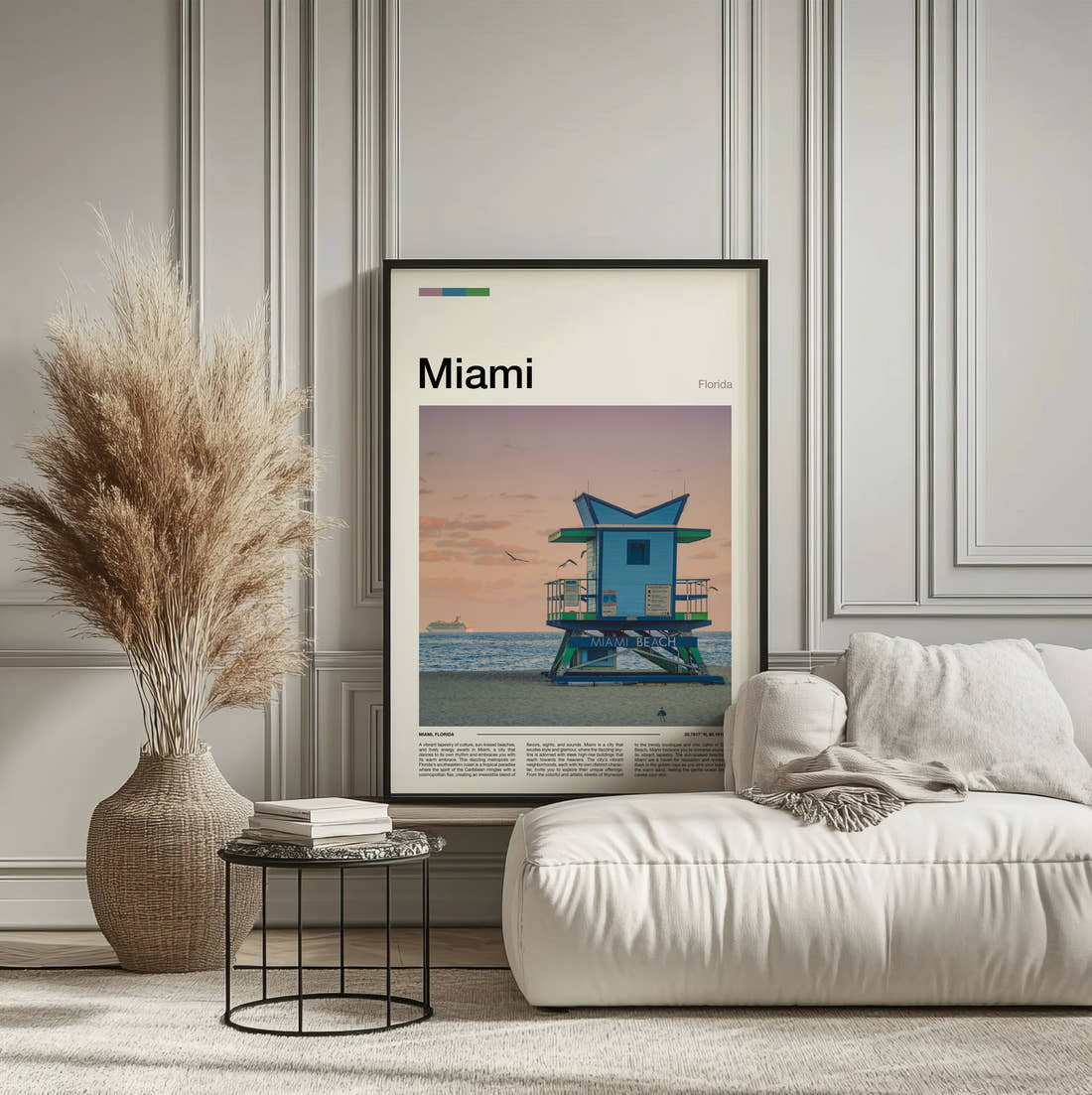 Miami Lifeguard Tower Travel Print framed on the wall of a calm, neutral bedroom